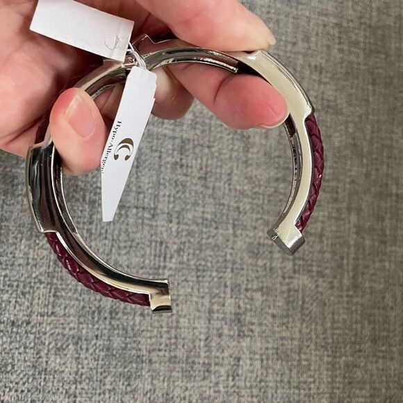 NWT Charming Charlie Wine Braided Leather Silver Tone Hinged Cuff M - Picture 3 of 6